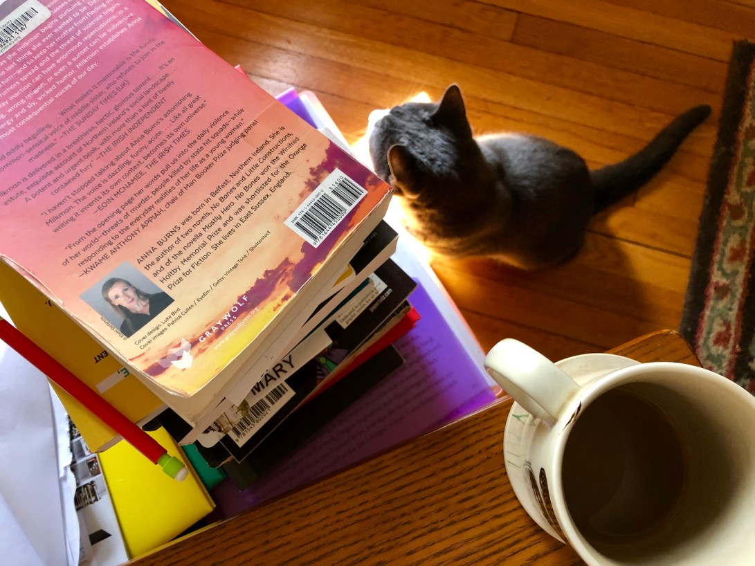 Cat next to a stack of books and mug of coffee